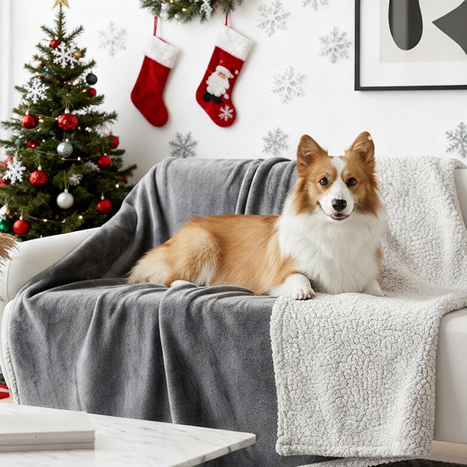 Makigued Waterproof Dog Blanket for Couch & Bed, Reversible Sherpa Fleece Pet Throw with Quiet TPU Barrier, Machine Washable Furniture Protector for Large Dogs & Cats, Throw Size 50x60 Inch, Gray