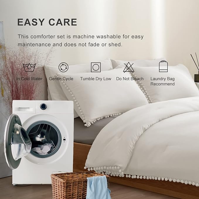 MUKKA Queen Comforter Set 5-Piece Queen Size White, Boho Pom Pom Fringe Comforter Sets Ivery, Soft Microfiber Bedding Comforter Set White with 2 Pillowcases,2 Pillowshams