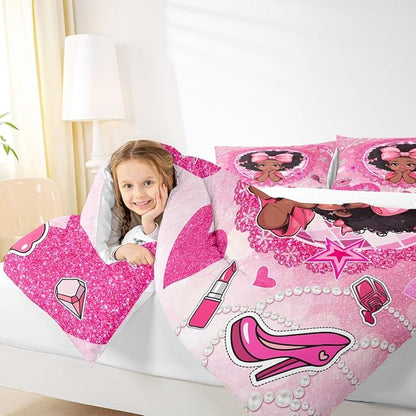Manfei Black Princess Girly Comforter Set Twin Size,High-Heeled Shoes Lip Bowknot Diamond Bedding Set,Girls Women Room Decor,African American Girls Down Comforter,Pink Cute Duvet Insert,1 Pillowcase