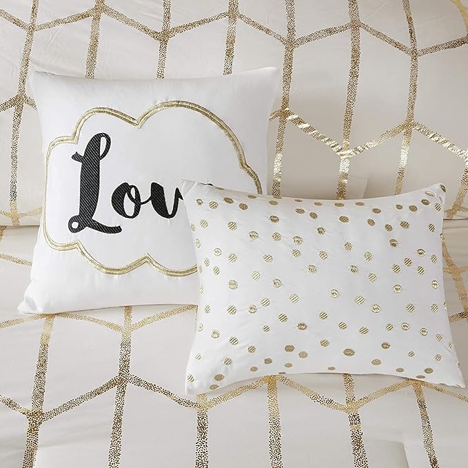 Intelligent Design Raina King/Cal King Comforter Set, Soft Microfiber, Modern Geometric Metallic Bed Set, 5 Pieces College Bedding with 2 Shams, 2 Toss Pillows Ivory/Gold