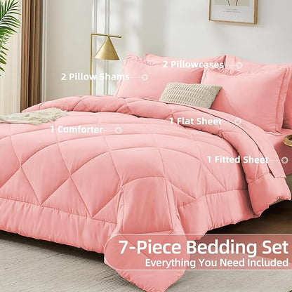 FUANNA 7 Pieces Queen Comforter Set, All Season Bed in a Bag Queen Size, Luxury Soft Bedding Sets with Comforter, Flat Sheet, Fitted Sheet, Pillowcases & Pillow Shams, Pink