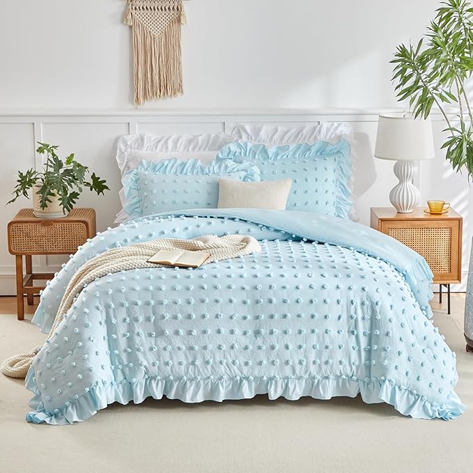 Tufted Dots Ruffle Comforter Set Full/Queen Size, 3 Pieces Blue Vintage Farmhouse Shabby Chic Comforters, Jacquard Boho Bohemian Bedding Set for All Season (1 Ruffled Comforter+ 2 Pillow Shams)