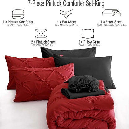Ubauba 7pc King Size Comforter Set with Sheets, All Season Pintuck 7 Piece Bedding Sets Red and Black, Pinch Pleating Bed in a Bag Set with Comforters (Red and Black,King)