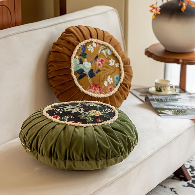 vctops Round Throw Pillow with Zipper Vintage Spring Floral Pillow Cushion Soft Velvet Pleated Throw Pillows for Couch Chair Bed Car (Green,18")