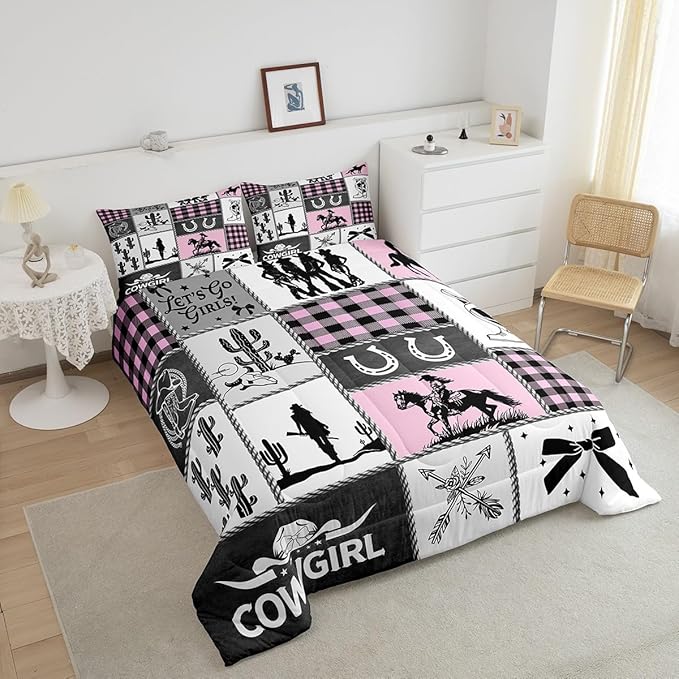 Western Cowgirl Kids Comforter Set Queen Size,Cactus Horseshoe Cowgirl Boot Rustic Bedding Set,Girls Women Room Decor,Bow Cow Skull Patchwork Down Comforter,Pink Fashion Duvet Insert,2 Pillowcases