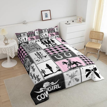 Western Cowgirl Kids Comforter Set Queen Size,Cactus Horseshoe Cowgirl Boot Rustic Bedding Set,Girls Women Room Decor,Bow Cow Skull Patchwork Down Comforter,Pink Fashion Duvet Insert,2 Pillowcases