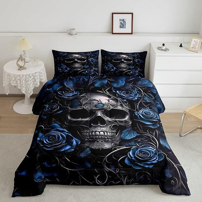 Erosebridal Adults Gothic Comforter Set Bohemian Boho Goth King Bedding Set Vintage Horror Skull Bed Sets Blue Rose Baroque Victorian Romantic Rose Duvet Insert,Halloween Gothic Bedroom Decor