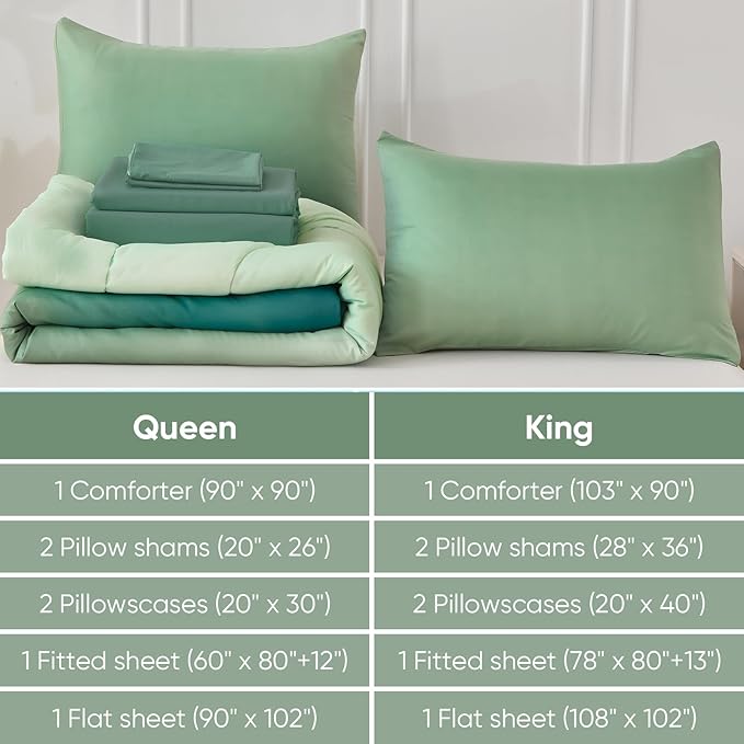Queen Comforter Set Gradient Green - Bed in a Bag Queen Size 7 Pieces, Luxury Soft Bed Set for All Seasons, Bedding Set with Down Alternative Comforter, Sheets, Pillowcases & Shams