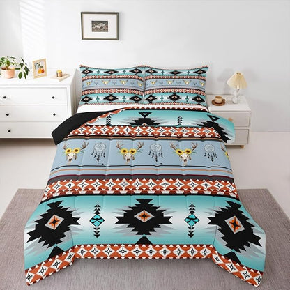 Erosebridal Western Boho Bedding Sets Twin,Longhorn Cow Dream Catchers Quilt Southwestern Comforter Set,Ethnic Tribe Arrow Aztec Duvet Insert Exotic Sunflower Bull Skull Bohemian Decor