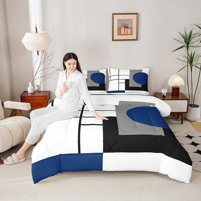 Erosebridal White Black Blue Striped Bedding Set Full Size Boho Modern Geometric Abstract Comforter Set for Adult Women Men Stripes Lines Bed Sets Minimalist Square and Circle Quilt Sets