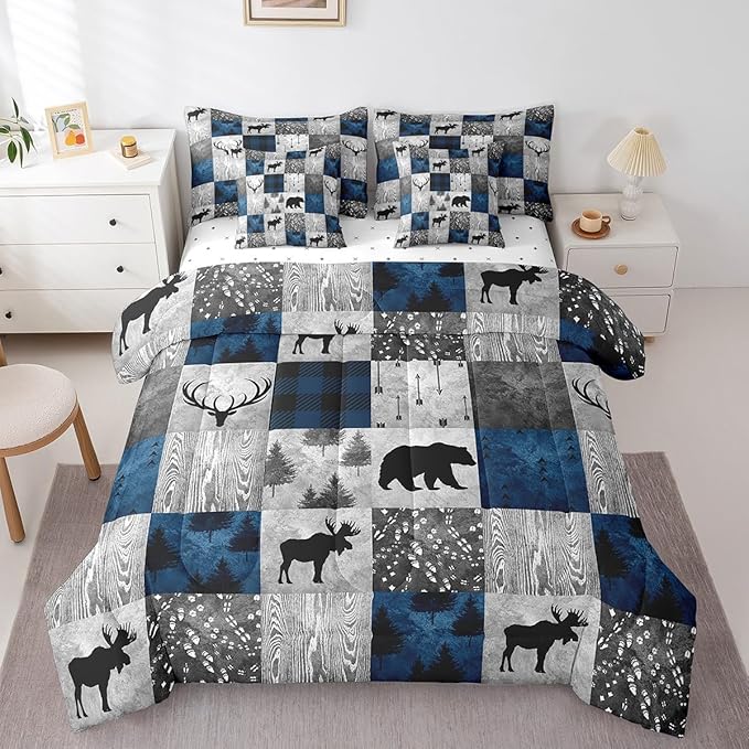 Erosebridal 7 Pcs Hunting Animal Comforter Set Queen Size,Rustic Bear Deer Bed in a Bag with Flat Fitted Sheet for Kids and Adults,Camper Plaid Check Bedding Set with Pillowcases and Cushion Cases