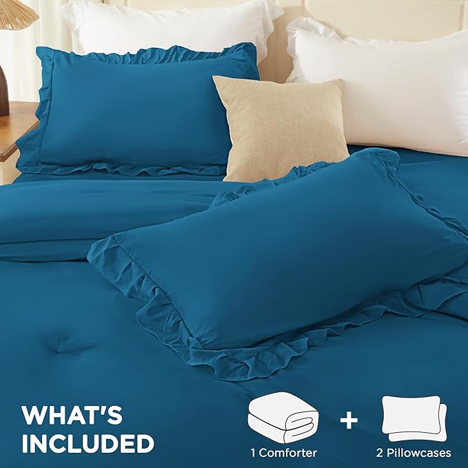 Andency Teal Twin Size Comforter Set, 2 Pieces Lightweight Fluffy Ruffle Bedding Set for Dorm, All Season Soft Farmhouse Shabby Chic Bed Set for Kids (66x90In)