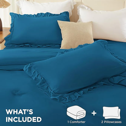 Andency Teal California King Comforter Set (104x96Inch), 3 Pieces Farmhouse Shabby Chic Ruffle Bedding Sets, Lightweight Fluffy Soft All Season Bed Set