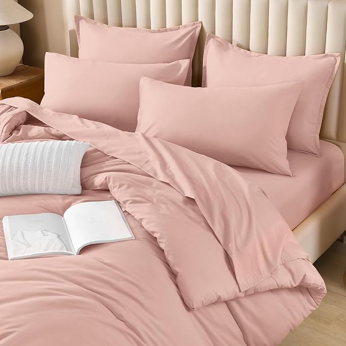 Litanika Comforter Full Size Set Blush Pink - 7 Pieces Bed in a Bag Full Bedding Comforter Sets, Plain Lightweight Bed Set with Comforter, Sheets, Pillowcases & Shams