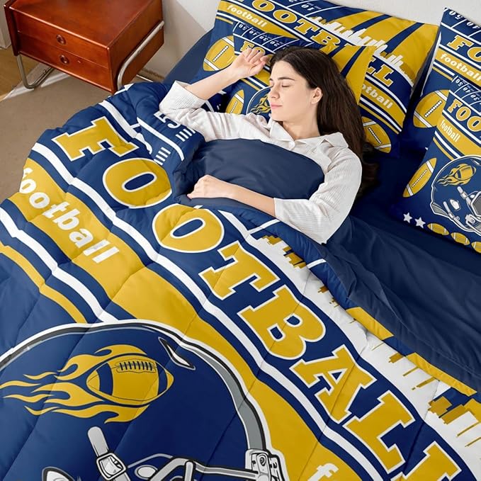 Feelyou Football 7 Pieces Comforter Sets King Size Kids Rugby Sports Bedding Set for All Season Football City Bed in a Bag with Comforter, Sheets, Pillowcases & Cushion Cover