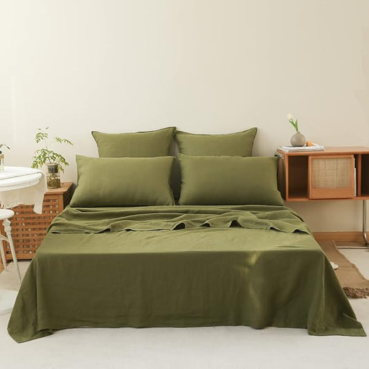 Simple&Opulence Washed Linen Bed Sheet Set Basic Style 4 Pieces (1 Flat Sheet & 1 Fitted Sheet & 2 Pillowcases) 100% Natural French Flax Soft Breathable Farmhouse Bedding (Queen, Olive Green)