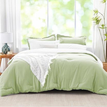 Full Size Comforter Sets Light Green Reversible Bedding Set, 7 Pieces Soft Bed in a Bag Full with Comforter, Sheets, Pillowcases & Shams, All Season Boho Bedding Sets Full