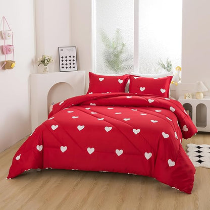 Caressma Love Comforter Set Full Size - Cute White Heart Print Red Bedding Comforter 3 Pieces Matching Pillowshams