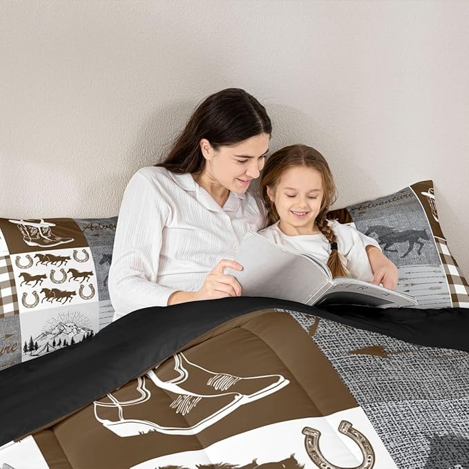 Erosebridal Horse Queen Comforter Set, Western Horseshoe Quilt Southwest Cowboys Cowgirls Bedding Set for Kids Boys Teens Adult Bedroom, Rustic Farmhouse Patchwork Adventure Bedding Comforter Sets