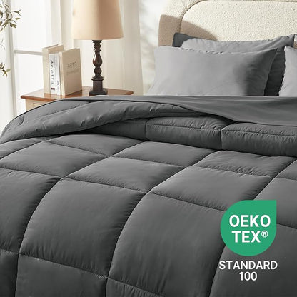 SunStyle Home Dark Grey Full/Queen Comforter Set - 7 Pieces Bed in a Bag, Lightweight Goose Down Alternative Bedding Sets with All Season Comforter, 1 Flat Sheet, 1 Fitted Sheet, 4 Pillowcases