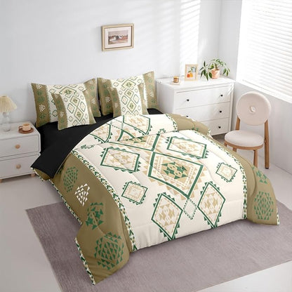 Erosebridal 7 Piece Western Tribal Queen Comforter Set with Sheets Exotic Aztec Bed in A Bag Southwestern Native American Bedding Sets for Men Adults Boho Geometric Diamond Art Bed Set