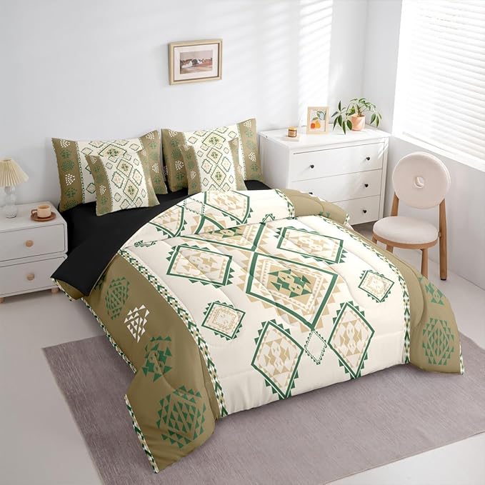 Erosebridal 7 Piece Western Tribal King Comforter Set with Sheets Exotic Aztec Bed in A Bag Southwestern Native American Bedding Sets for Teens Teenager Boho Geometric Diamond Art Bed Set