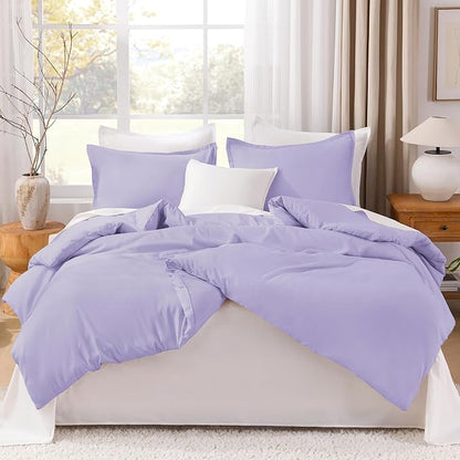 Litanika Lavender Purple Comforters Queen Size, 3 Pieces Lightweight Solid Bedding Comforter Set, All Season Fluffy Bed Set (90x90In Comforter & 2 Pillowcases)