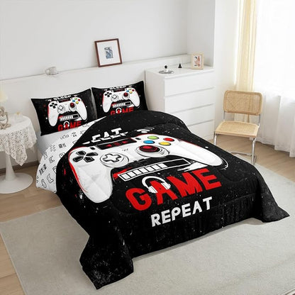 jejeloiu Eat Sleep Game Bedding Set Toddle Size Cartoon Gamer Comforter Set for Kids Boys Girls Modern Game Duvet Set Black Red Quilt Set 2Pcs
