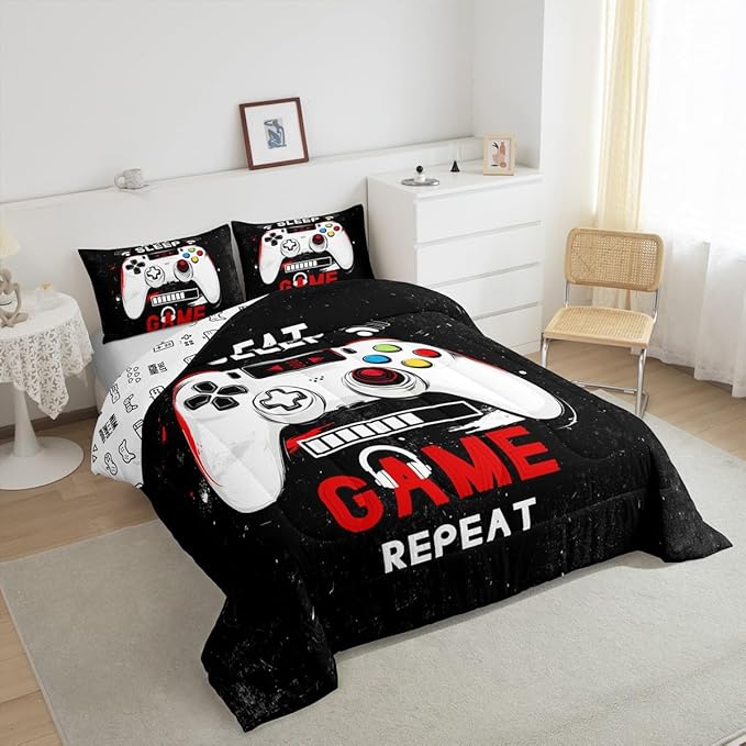 jejeloiu Eat Sleep Game Bedding Set King Size Cartoon Gamer Comforter Set for Kids Boys Girls Modern Game Duvet Set Black Red Quilt Set 3Pcs