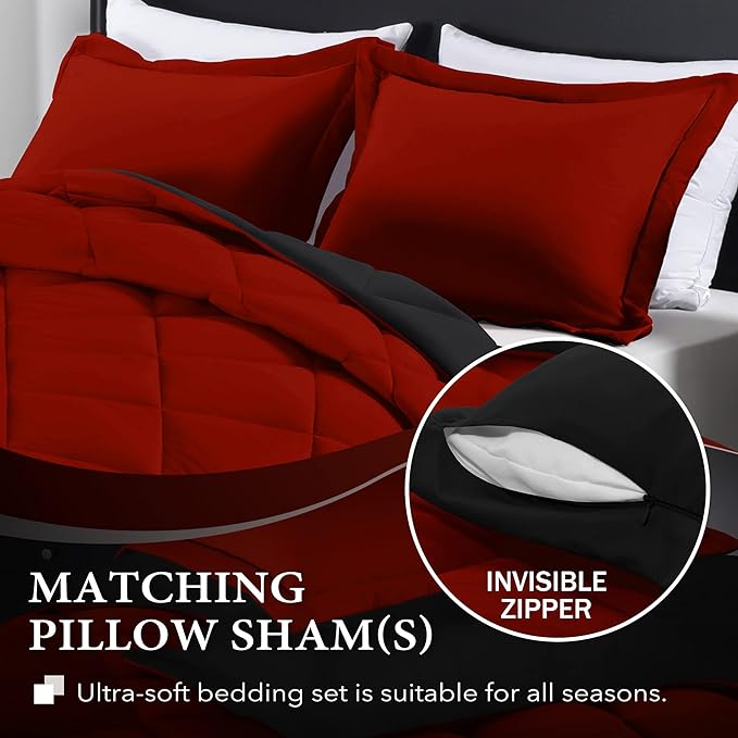 downluxe Full Size Comforter Set - Red and Black Full Comforter - Soft Bedding Sets for All Seasons -3 Pieces Comforter Set Full with 2 Reversible Pillow Shams