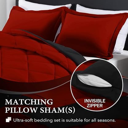 downluxe Full Size Comforter Set - Red and Black Full Comforter - Soft Bedding Sets for All Seasons -3 Pieces Comforter Set Full with 2 Reversible Pillow Shams