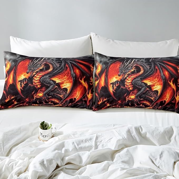 Erosebridal Dragon Queen Size Bedding Set, Ancient Animal Comforter Set for Adult Men Room, Black Gold Wildlife Down Comforter, Lightweight Quilt, Breathable Room Decor