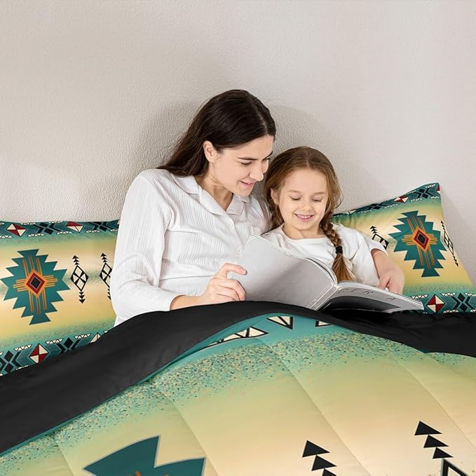 Erosebridal Boys Western Aztec Bedding Set Queen Size, Native Tribal Ethnic Comforter Set Farmhouse Boho Geometric Duvet Insert Southwestern Ethnic American Native Quilt for Adult Men,Green Yellow