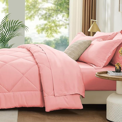 FUANNA 7 Pieces Queen Comforter Set, All Season Bed in a Bag Queen Size, Luxury Soft Bedding Sets with Comforter, Flat Sheet, Fitted Sheet, Pillowcases & Pillow Shams, Pink