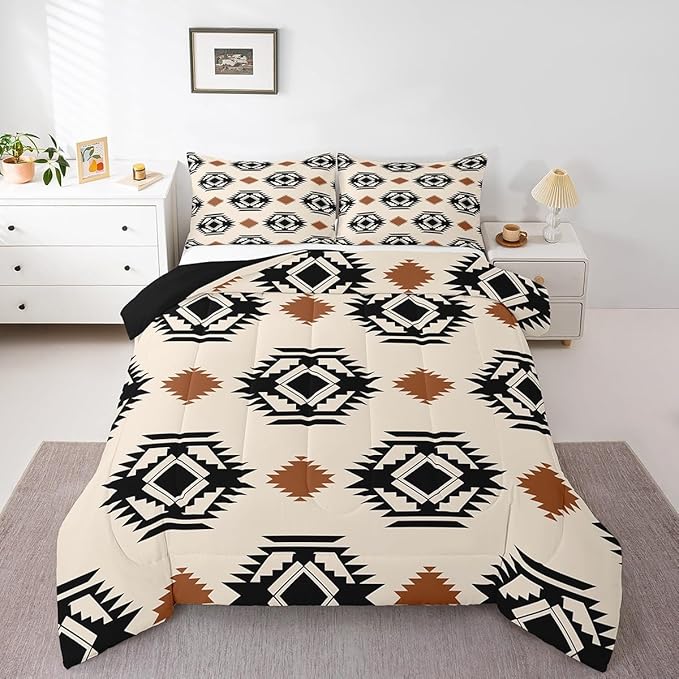 Erosebridal Western Aztec Quilt Comforter Rustic Boho Abstract Geometric Bedding Set Queen,Southwestern Cowboy Comforter Set for Kids Adults Southwest Tribal Bohemian Bed Set 2 Pillow Cases
