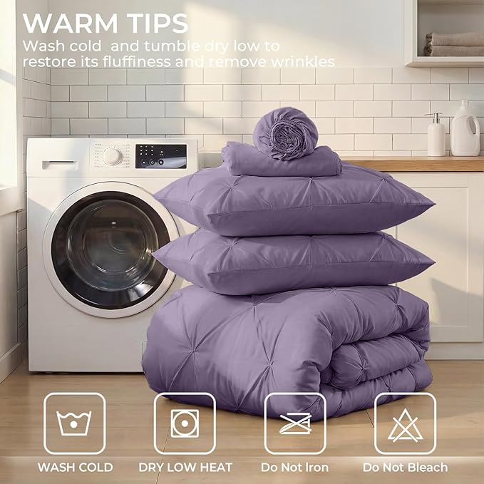 Sasttie Twin Comforter Set, 5-Piece Bed in a Bag, Pintuck Bedding Sets for All Season, Includes Comforter, Flat Sheet, Fitted Sheet, Pillowcase and Pillowsham, New Purple