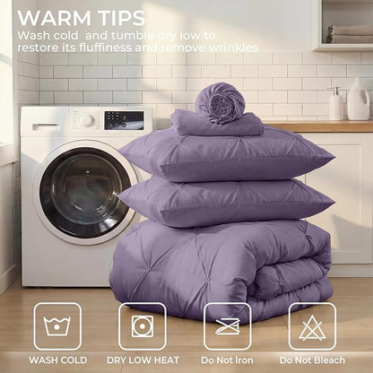 Sasttie Twin XL Comforter Set, 5-Piece Bed in a Bag, Pintuck Bedding Sets for All Season, Includes Comforter, Flat Sheet, Fitted Sheet, Pillowcase and Pillowsham, New Purple