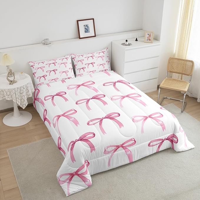 Feelyou Bow Bedding Set Boys Girls Toddler Size Cute Bowknot Comforter Set for Kids Women Men Ultra Soft Pink Girls Bow Comforter Lovely Duvet Set