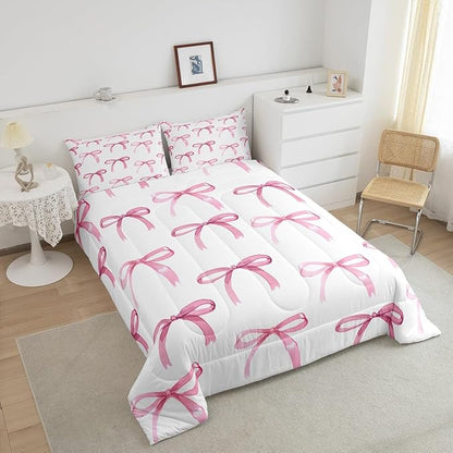 Feelyou Bow Bedding Set Boys Girls Toddler Size Cute Bowknot Comforter Set for Kids Women Men Ultra Soft Pink Girls Bow Comforter Lovely Duvet Set