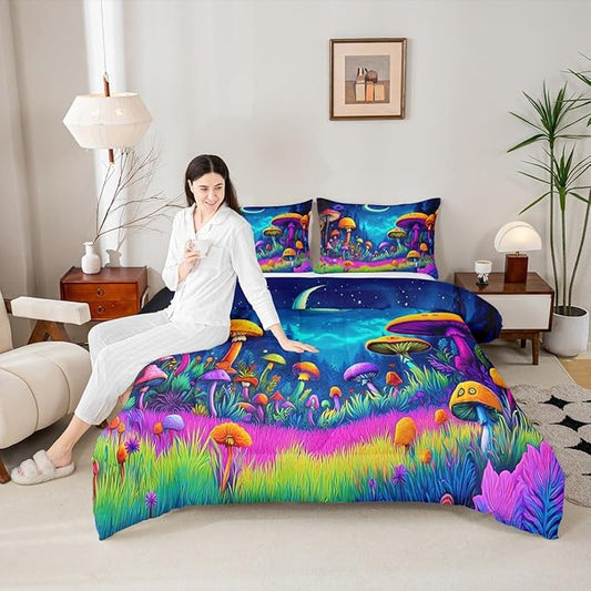 Mushroom Kids Bedding Set Queen Size,Star Moonlight Galaxy Magical Comforter Set，Mysterious Plant Quilt Comforter,Colorful Bedroom Duvet Insert,2 Pillowcases