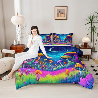Mushroom Kids Comforter Set Twin Size,Star Moonlight Galaxy Magical Bedding Set for Boys Girls Room Decor,Mysterious Plant Quilt Comforter,Colorful Duvet Set Bedroom Quilt Set,1 Pillowcase