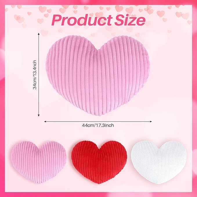 Cumule 3Pcs Valentine's Day Heart Pillows Ribbed Large Love Heart Pillows Red Ivory Pink Pillows for Valentines Day Living Room Bedroom Decor