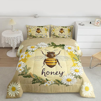 Erosebridal Kawaii Honey Bee Bedding Set Twin Cute Geometric Honeycomb Comforter Set Farm Rustic Daisy Floral Comforter for Kids Girls Teen Women,Soft Lightweight Quilt Duvet with 1 Pillow Case