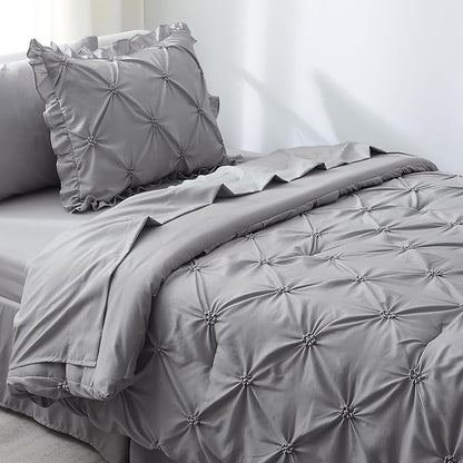 JOLLYVOGUE Gray Bed in a Bag Comforter Set for Bedroom, Pintuck Twin Size Comforter Sets 5 Pieces, Beddding Sets with Comforter, Sheets,Ruffled Shams & Pillowcases