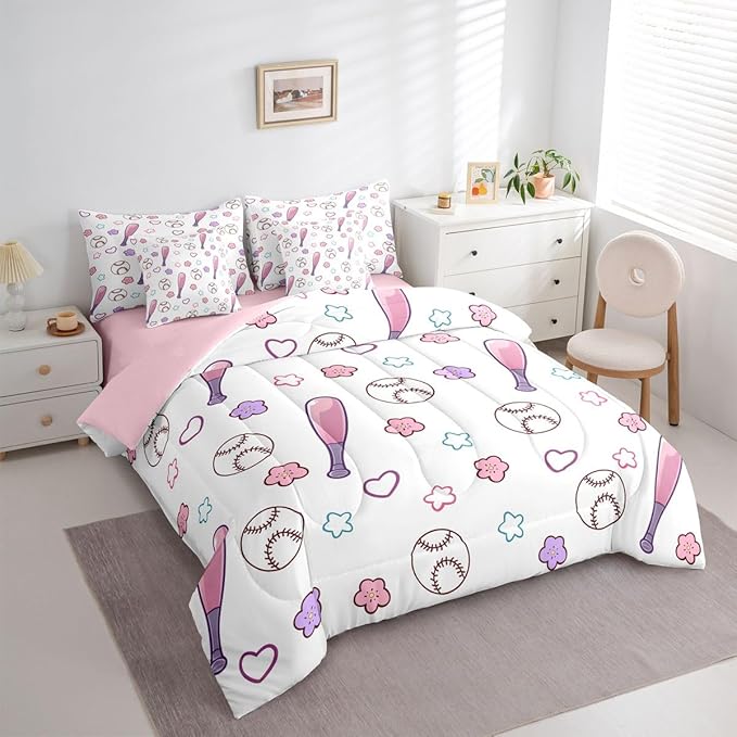 Erosebridal Baseball Bed in A Bag King | Cute Floral Girly 7 Piece Comforter Set Softball Sports Theme Game Sheet Set Breathable Lightweight Athletic Competitive Games Fitted Sheet Reversible