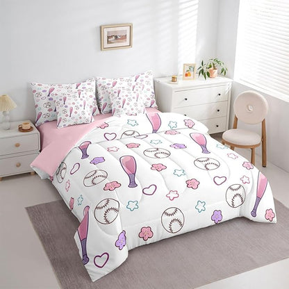 Erosebridal Baseball Bed in A Bag King | Cute Floral Girly 7 Piece Comforter Set Softball Sports Theme Game Sheet Set Breathable Lightweight Athletic Competitive Games Fitted Sheet Reversible