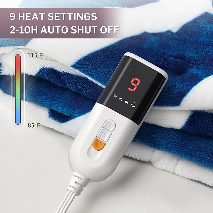 VENTIMI Electric Blanket Heated Throw, 62" x 84" Heated Blanket with 9 Heat Levels & 2 to 10 Hours Auto Off, Fast Heating Blankets with ETL & FCC Certification, Navy