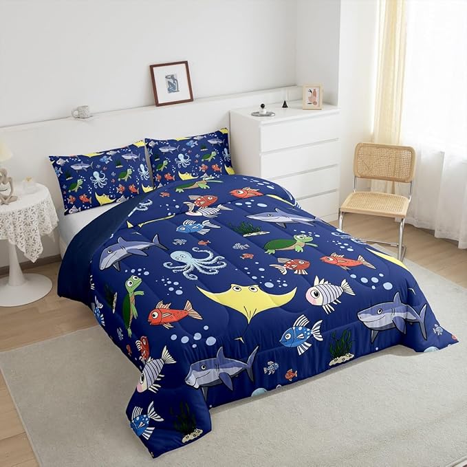 Erosebridal Tortoise Comforter Set for Kids Boys Room, Sea Turtle Shark Down Comforter Twin Size, Underwater World Bedding Set,Octopus Sea Animal Quilt, Soft Microfiber Decor, Dark Blue