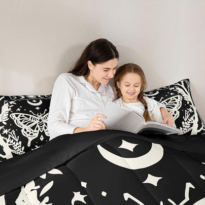 Erosebridal Boys Goth Moth Comforter Set Toddler, Halloween Horror Bedding Set Gothic Butterfly Comforter for Kids Teens Women Men Gothic Home Decor, Sun and Moon Retro Terror Theme Black Quilt