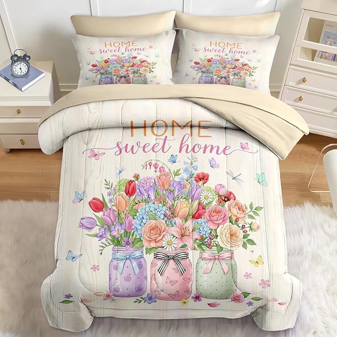 Nesker 7 Pcs Spring Comforter Set Full Size, Floral Butterflies Bedding Set for Kids and Adults, Pastel Flower Bed Sheet Sets with Fitted Sheet 2 Pillowcases & 2 Shams